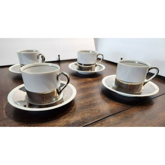 Vtg FF Japan (4) White w/Silver Expresso/Demitasse cups w/saucers Excellent! - Picture 8 of 16